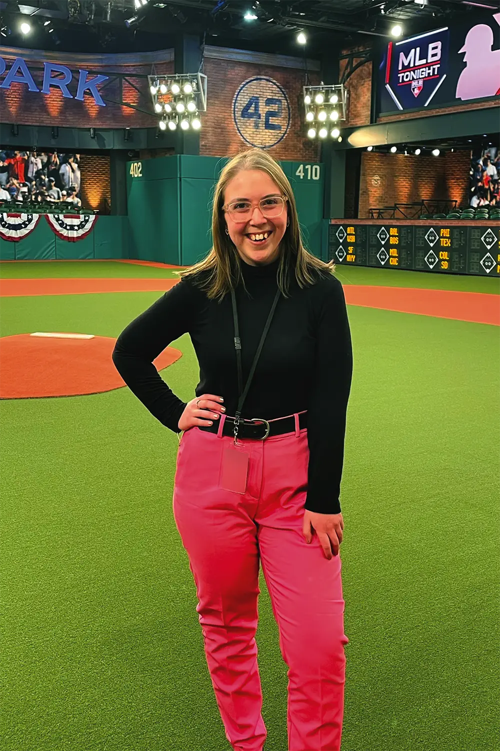 Breanna Ebisch is seen in the MLB Network’s Studio 42, named for Jackie Robinson, where Studio 42 with Bob Costas is filmed.