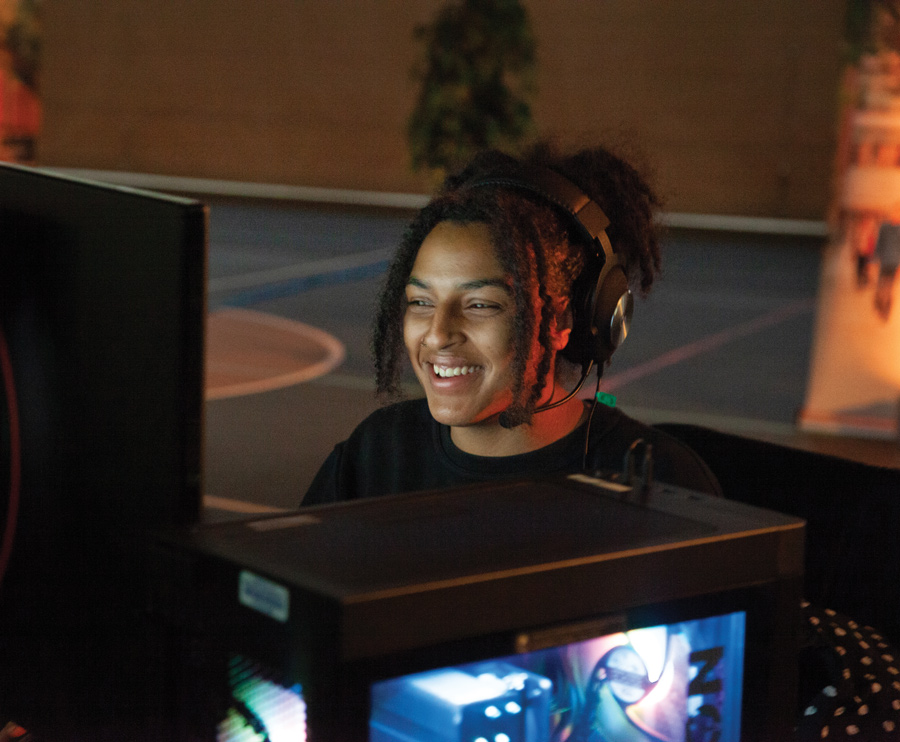 A Wilkes student takes a test-drive of the new esports program equipment during the kickoff event on April 17.