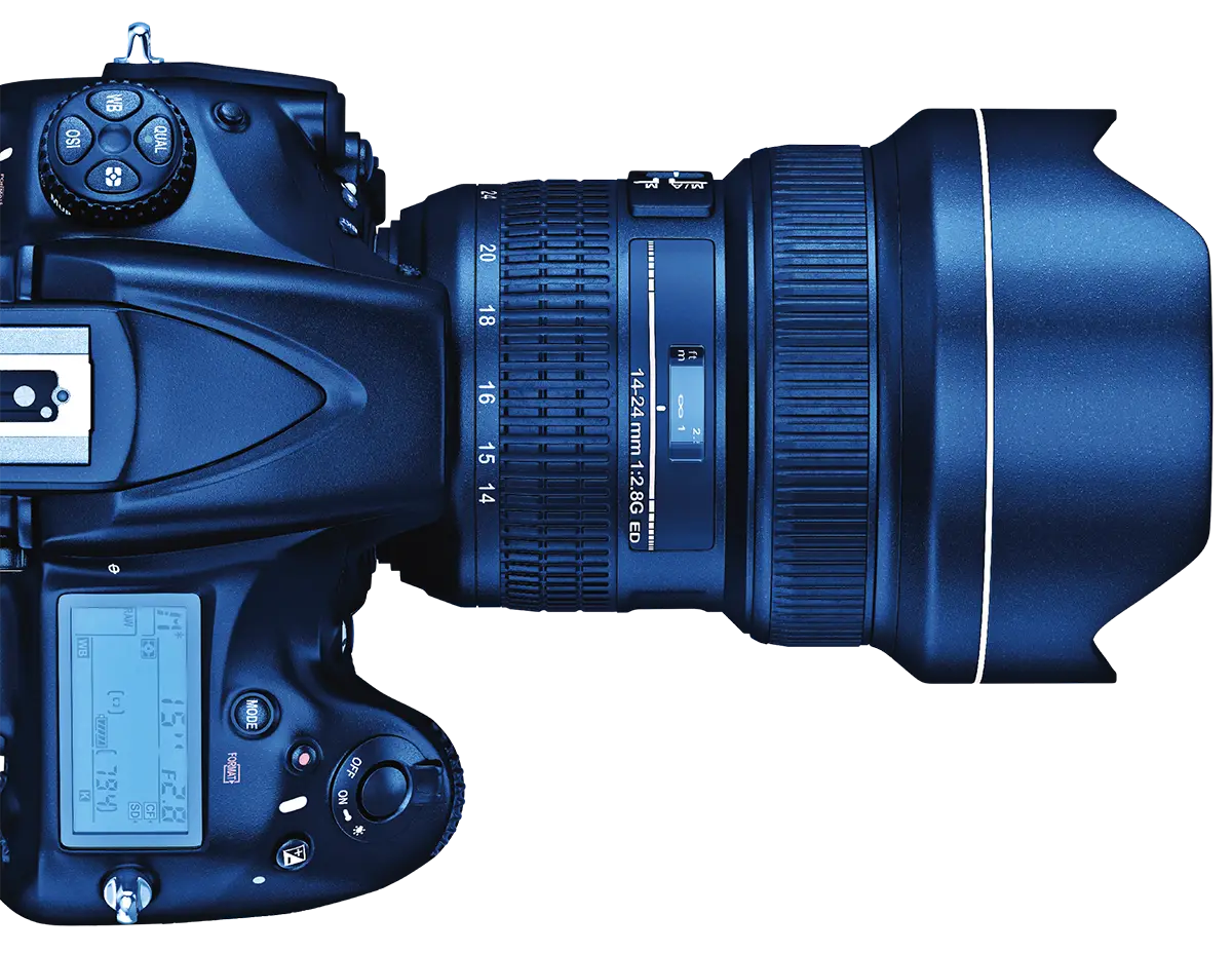 Camera with blue overlay and extended lens
