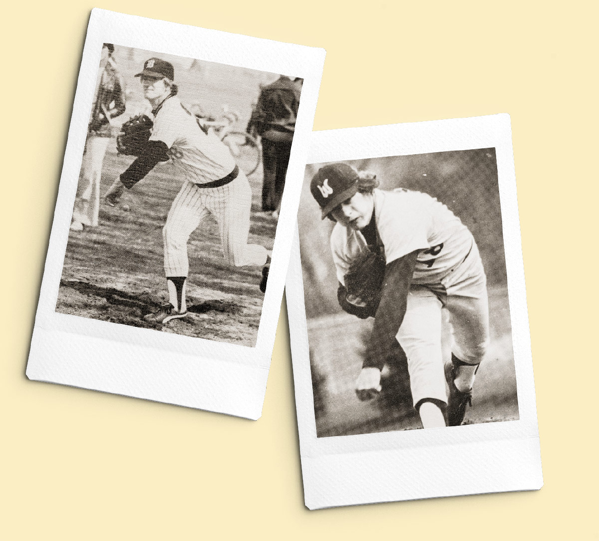 black and white photos of Jim Stehle warming up and Andy Kresky pitching