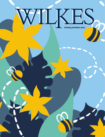 The cover of the "Wilkes" Fall/Winter 2024 magazine, featuring a vibrant abstract design with bold, overlapping shapes in bright colors such as blue, orange, yellow, pink, and green. Stylized floral elements with soft pink flowers and green leaves are integrated into the composition, creating a lively, dynamic pattern. The title "WILKES" is prominently displayed at the top in bold serif font, with "Fall/Winter 2024" written in smaller text below it.