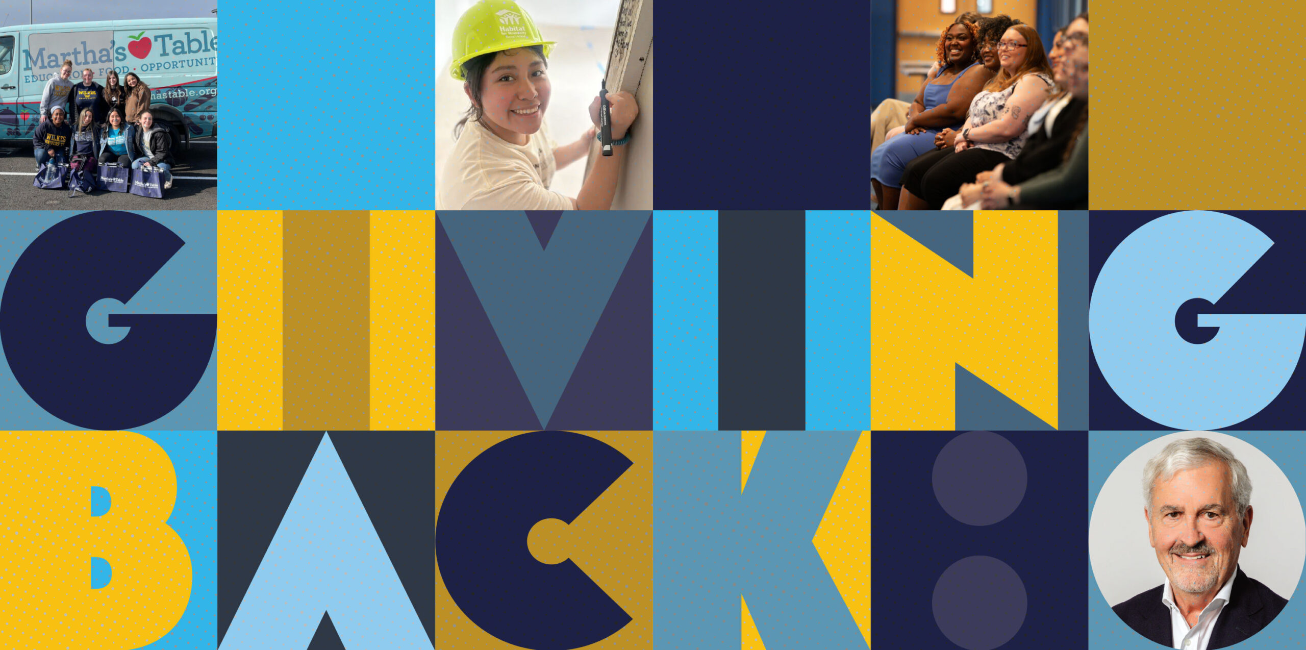Giving Back typography; yellow and blue squares with various student and faculty photos