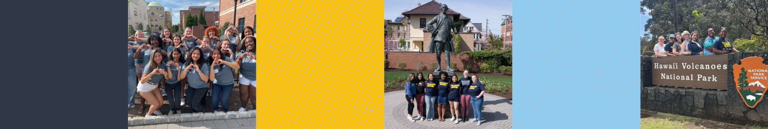 yellow and blue squares with various student and faculty photos