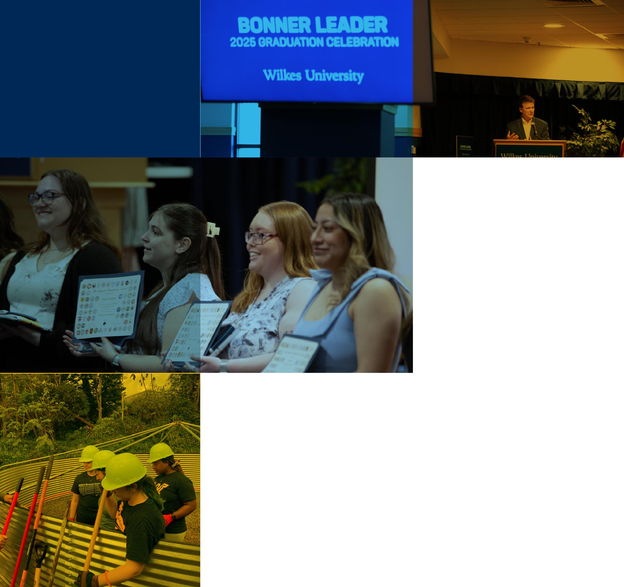 yellow and blue squares with various student and faculty photos