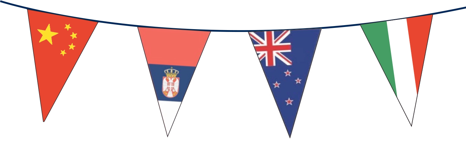 Graphic of a flag banner with the national flags of China, Serbia, New Zealand, and Italy