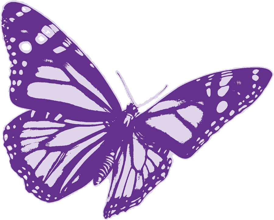 A stylized graphic of a purple monarch butterfly with its wings spread.