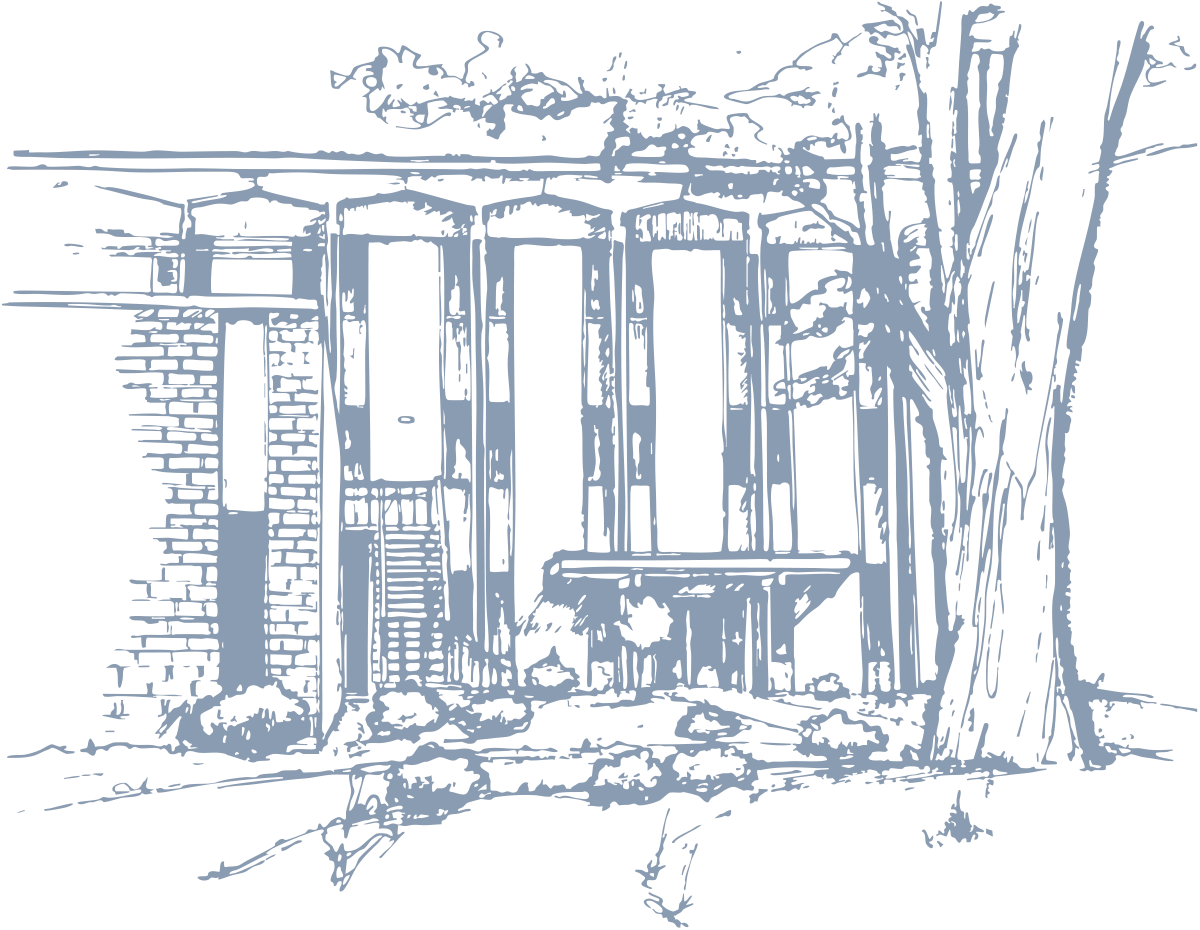 Light blue line drawing of a modern building featuring tall vertical windows and a large tree in the foreground.