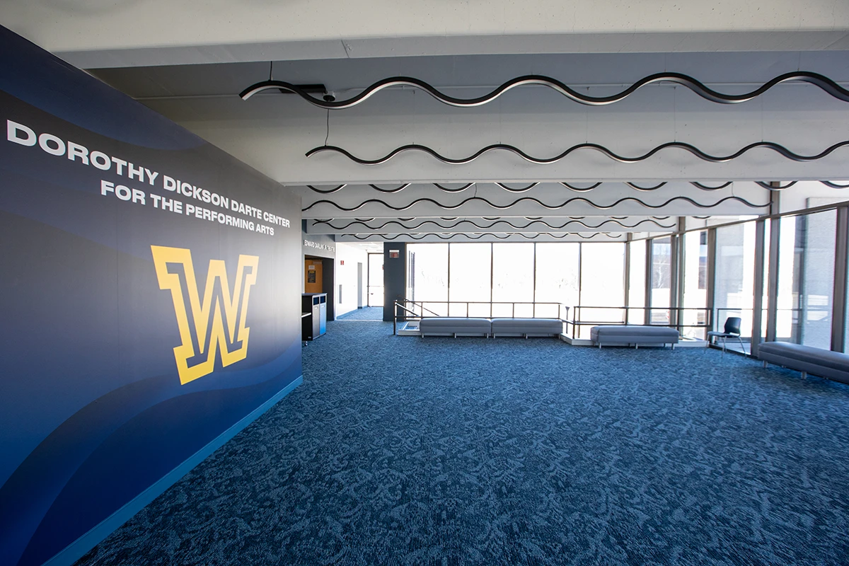 Upper lobby wide interior view of the Dorothy Dickson Darte Center for the Performing Arts