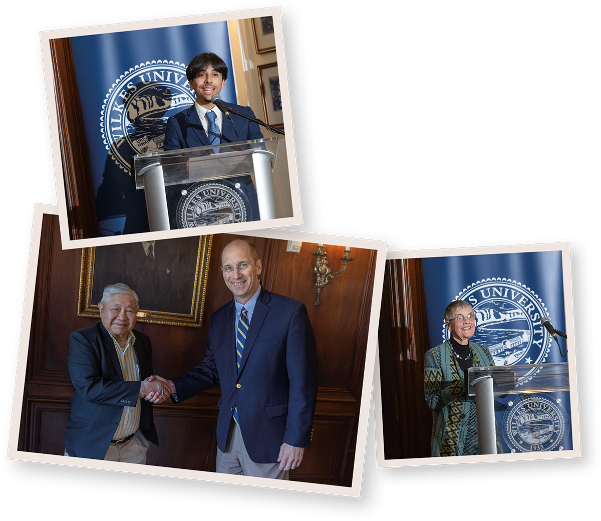 Collage showing three photos of speakers and a handshake at a Wilkes University event.
