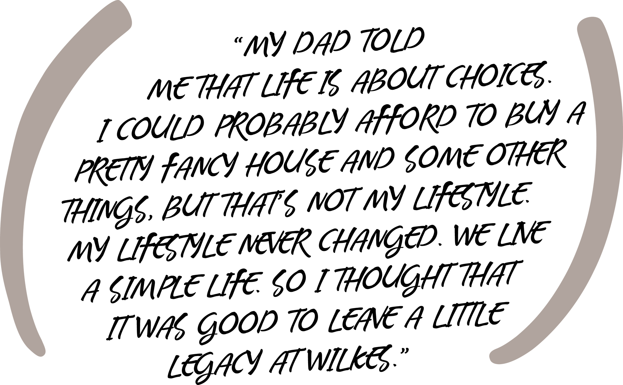 “My dad told me that life is about choices. I could probably afford to buy a pretty fancy house and some other things, but that’s not my lifestyle. My lifestyle never changed. We live a simple life. So I thought that it was good to leave a little legacy at Wilkes.”