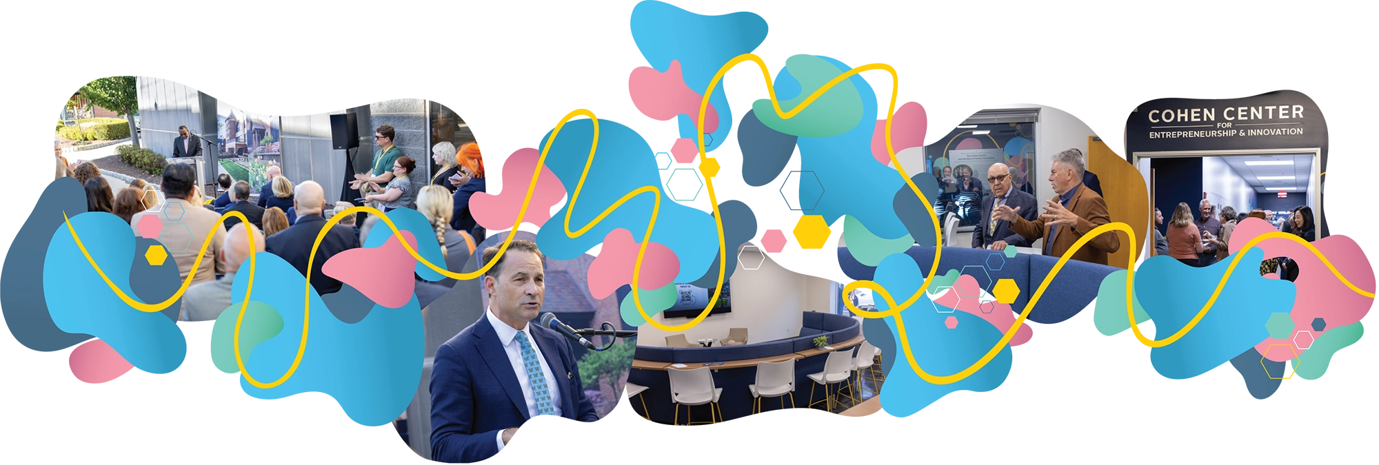 A collage of photos featuring dean of the College of Business and Engineering, Abel Adekola addressing an outdoor audience, a close up shot of Chuck Cohen speaking into a podium microphone, a modern collaboration space, and the Cohen Center entrance, all framed by vibrant abstract shapes and yellow lines.