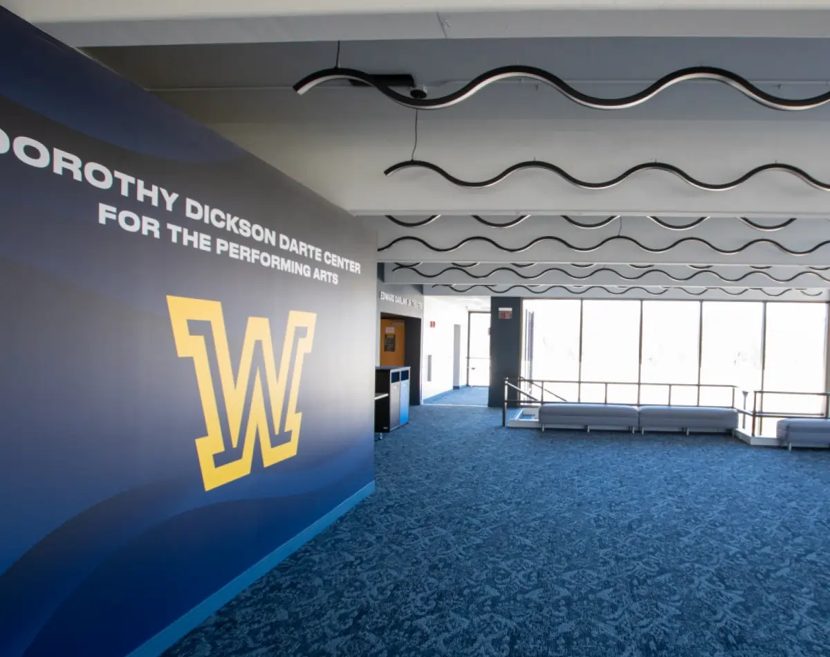 Upper lobby wide interior view of the Dorothy Dickson Darte Center for the Performing Arts