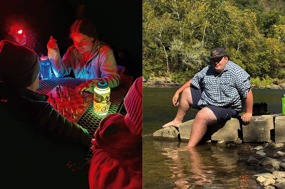 Camping scenes: Left shows a group playing chess at night under red light with a glowing lantern. Right shows a barefoot man sitting on stone blocks in a sunny river.