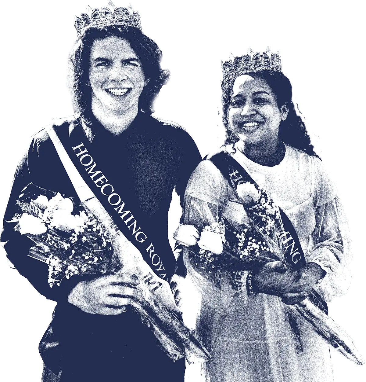 A stylized blue and white graphic of the Wilkes Homecoming King and Queen smiling and wearing crowns while holding bouquets of flowers and wearing their official royalty sashes.