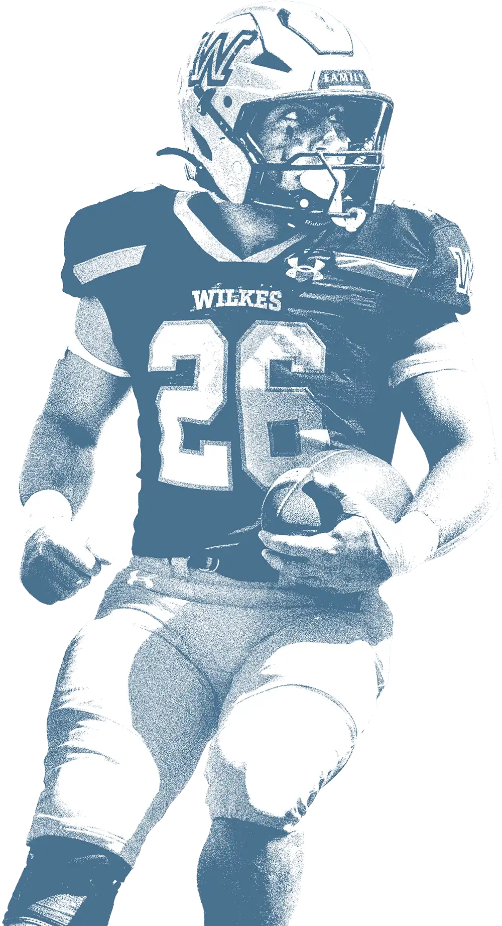 A blue-toned, high-contrast action graphic of a Wilkes University football player, number 26, running with the ball in hand while wearing a full uniform and a branded "W" helmet.