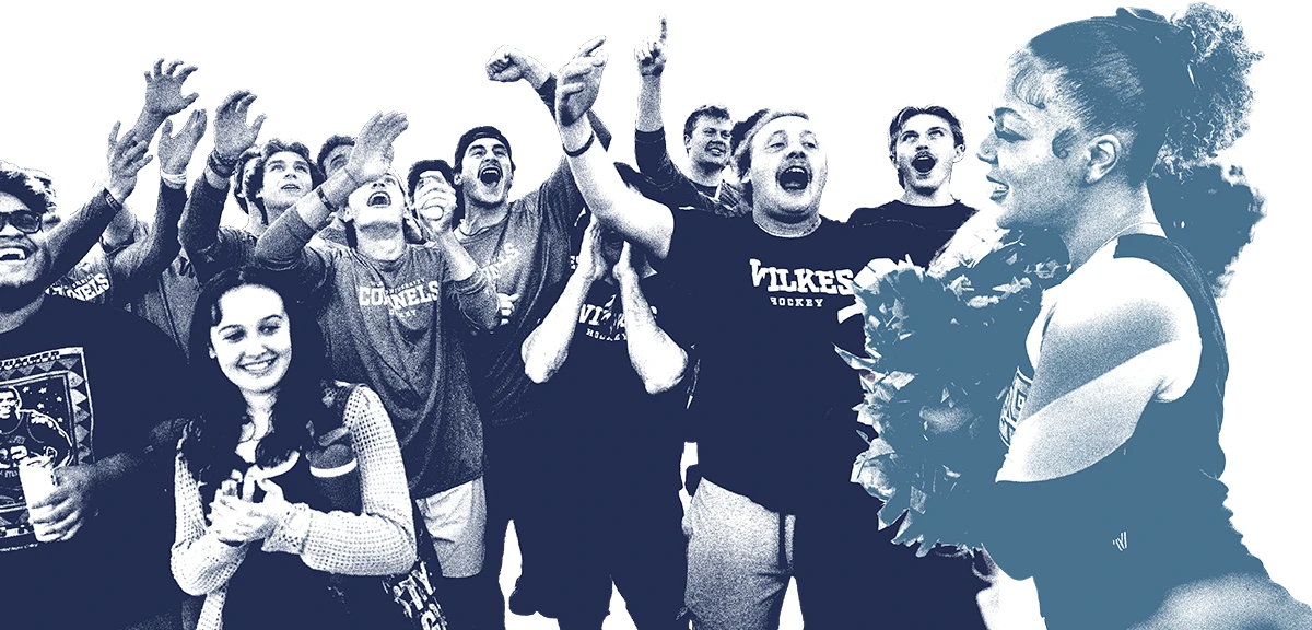 A blue and white stylized high-contrast image showing a crowd of cheering, excited fans. One fan in the center wears a "Wilkes Hockey" t-shirt, while a cheerleader with a ponytail and holding pom-poms stands smiling in the foreground on the right.