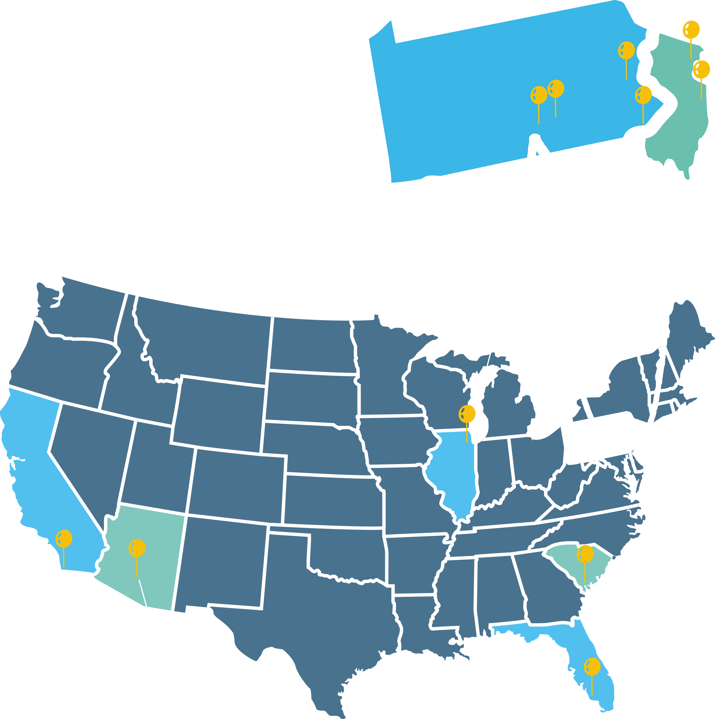 Map of the United States with pins in Harrisburg, PA; Philadelphia, PA; Hershey, PA; Allentown, PA; Montclair, NJ; Long Branch, NJ; Chicago, IL; San Diego, CA; Phoenix, AZ; Naples, FL; Hilton Head, SC.