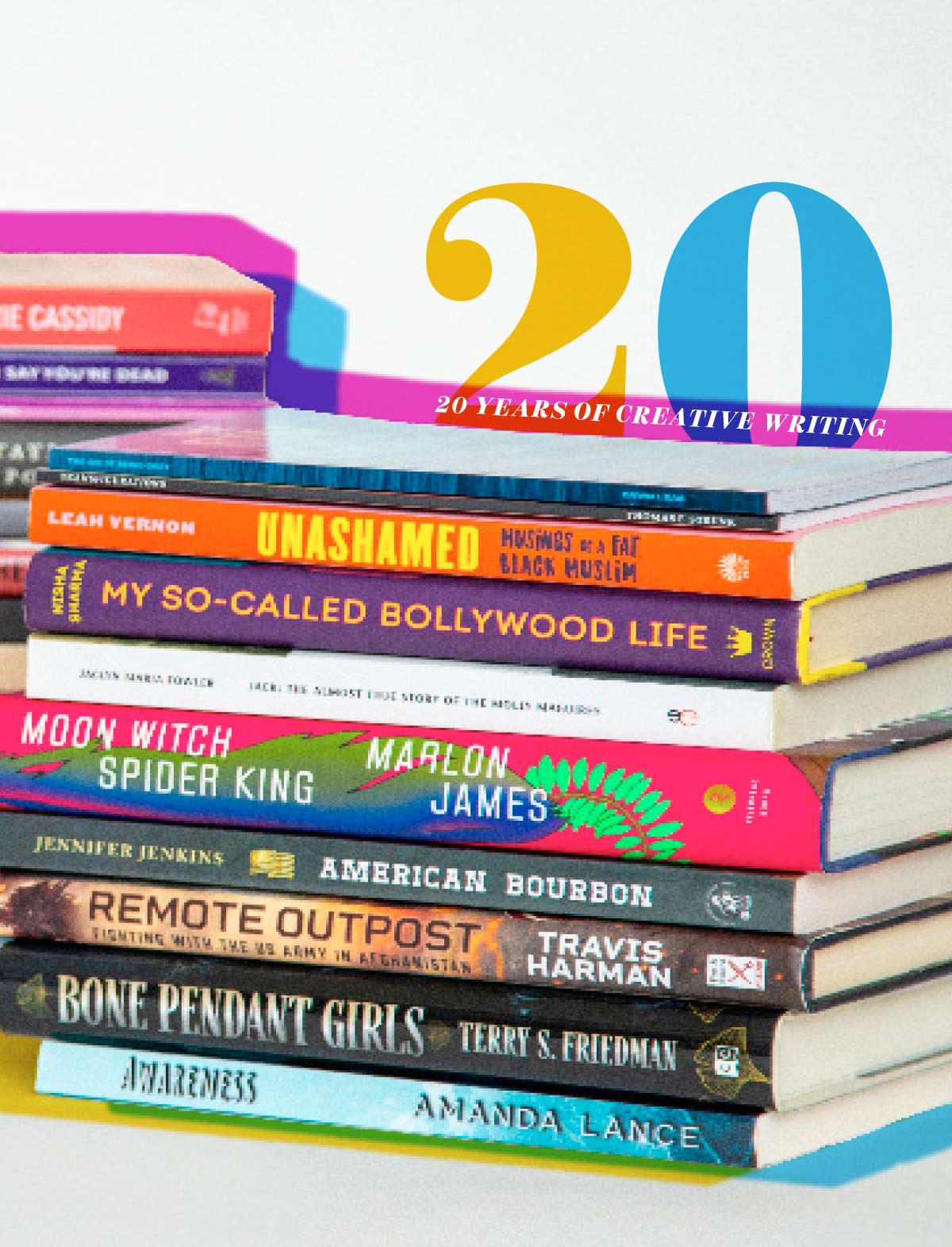 A stack of published books with a graphic overlay reading "20 YEARS OF CREATIVE WRITING" in yellow and blue.